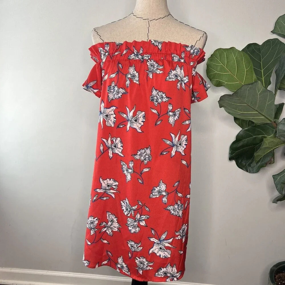 Atmosphere Red Satin Floral Mini Short Dress Off The Shoulder Sz 4